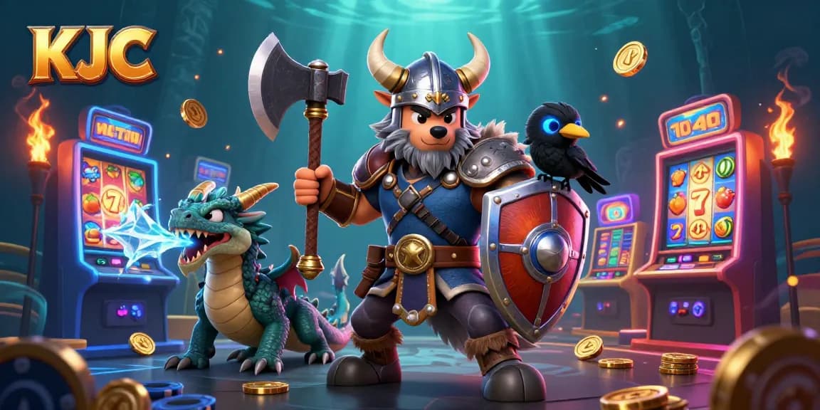 Engage in thrilling KJC gaming as a Viking wolf warrior battles alongside a fierce dragon in a colorful casino setting.