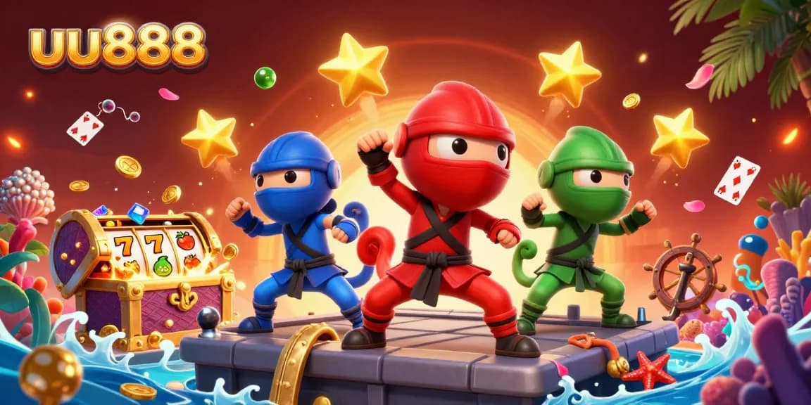 Engage with the thrill of uu888 slots, featuring three chameleons in martial arts poses amidst gold coins.