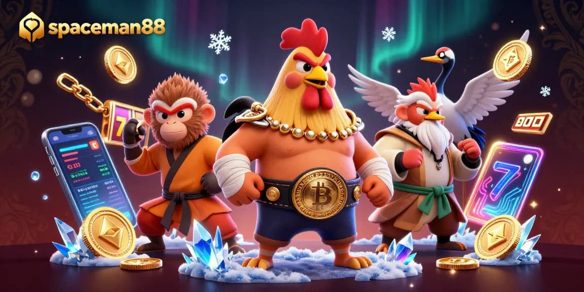 Spin to win with spaceman88 as vibrant 3D characters and casino reels create an exciting gambling atmosphere.