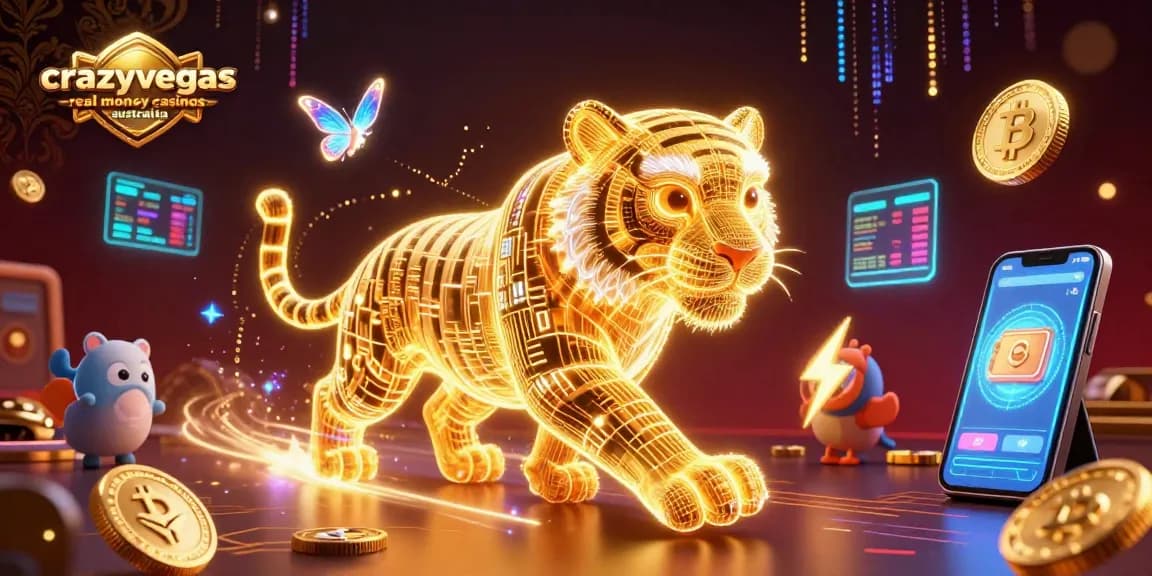 Engage with crazyvegas real money casinos australia featuring a neon-wireframe golden tiger amidst crypto coins.