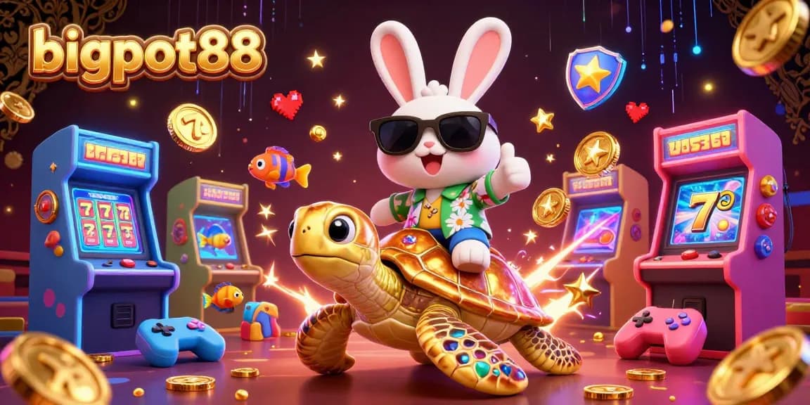 Experience thrilling gaming excitement with bigpot88, featuring a lucky rabbit and a golden sea turtle in a lively casino scene.