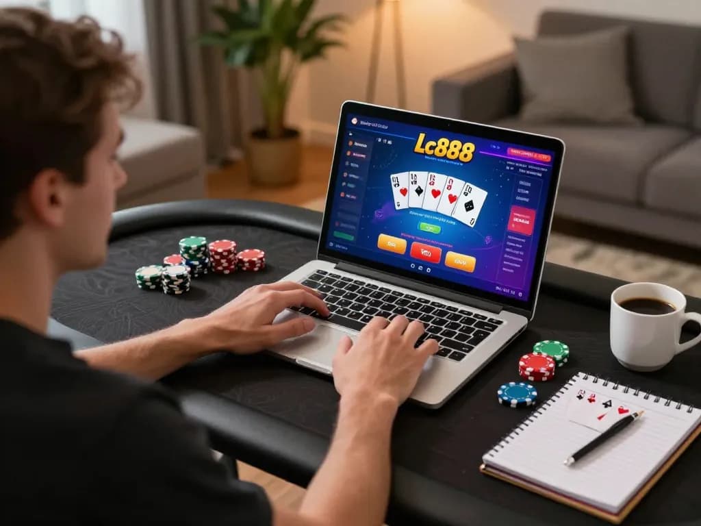 Player engaging with Lc888 poker game on a laptop at home, showcasing a strategic gaming moment.