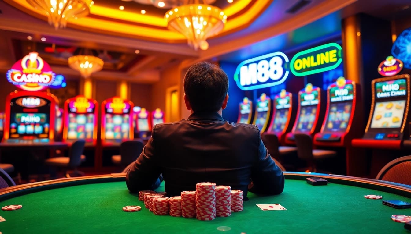 Experience the thrill of M88's exciting casino atmosphere with vibrant gaming tables.