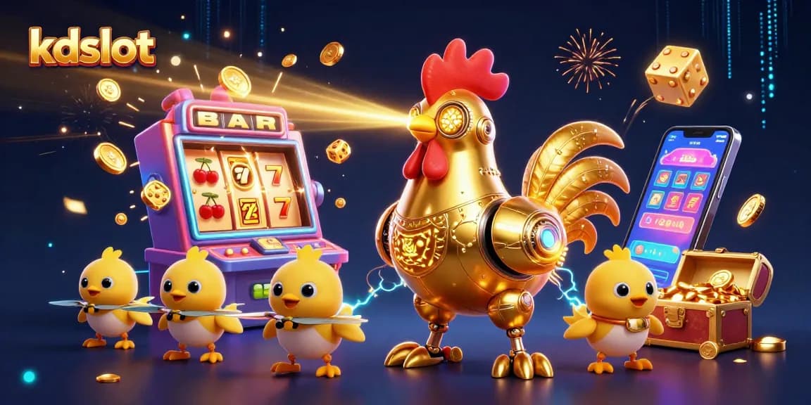 Win big with kdslot at an ultra-detailed futuristic casino scene, featuring a golden rooster robot and interactive slots.
