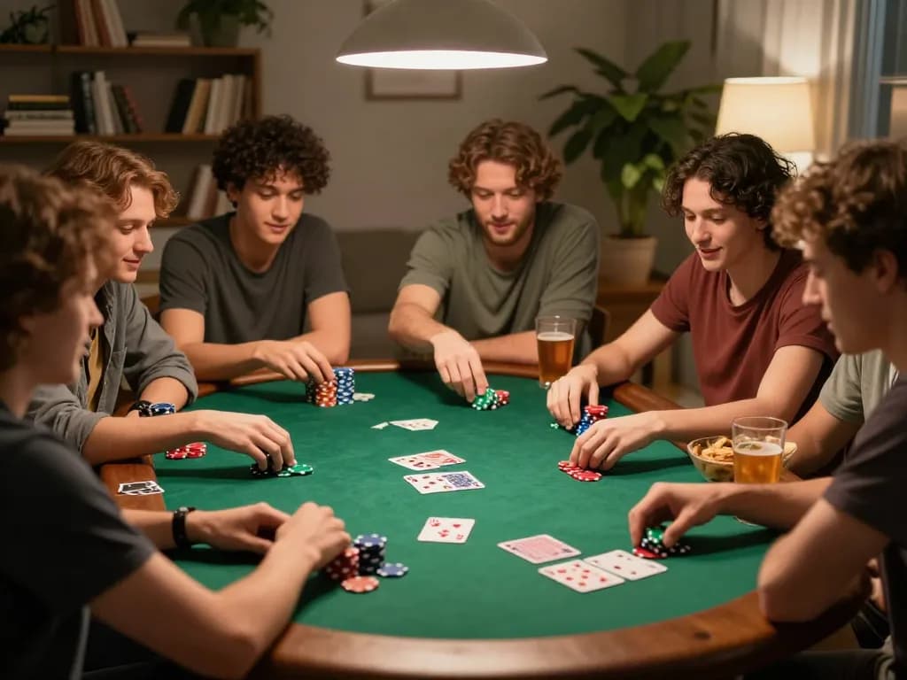 Friends enjoying a poker game at home with the focus on excitement and strategy, represented by go8