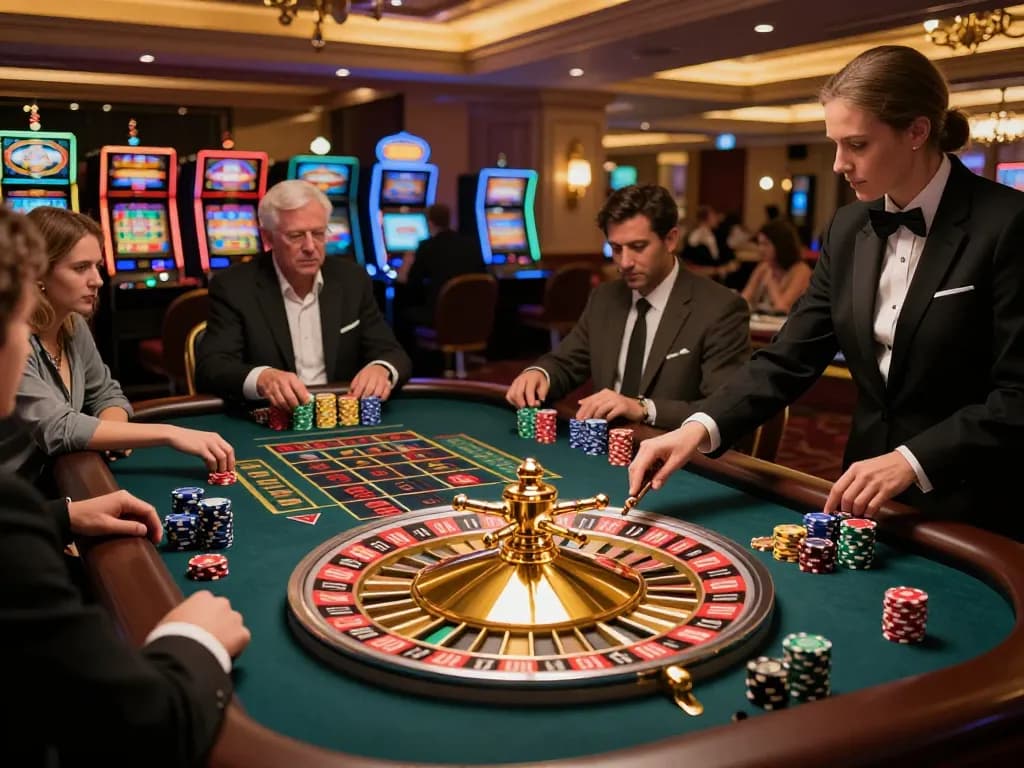 Experience the thrill of betting with Sun win at an upscale roulette table, vibrant atmosphere filled with anticipation.