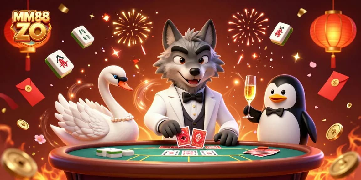 Engage in exciting gameplay at MM88 ZO with a dynamic casino scene featuring a debonair wolf and elegant swan.