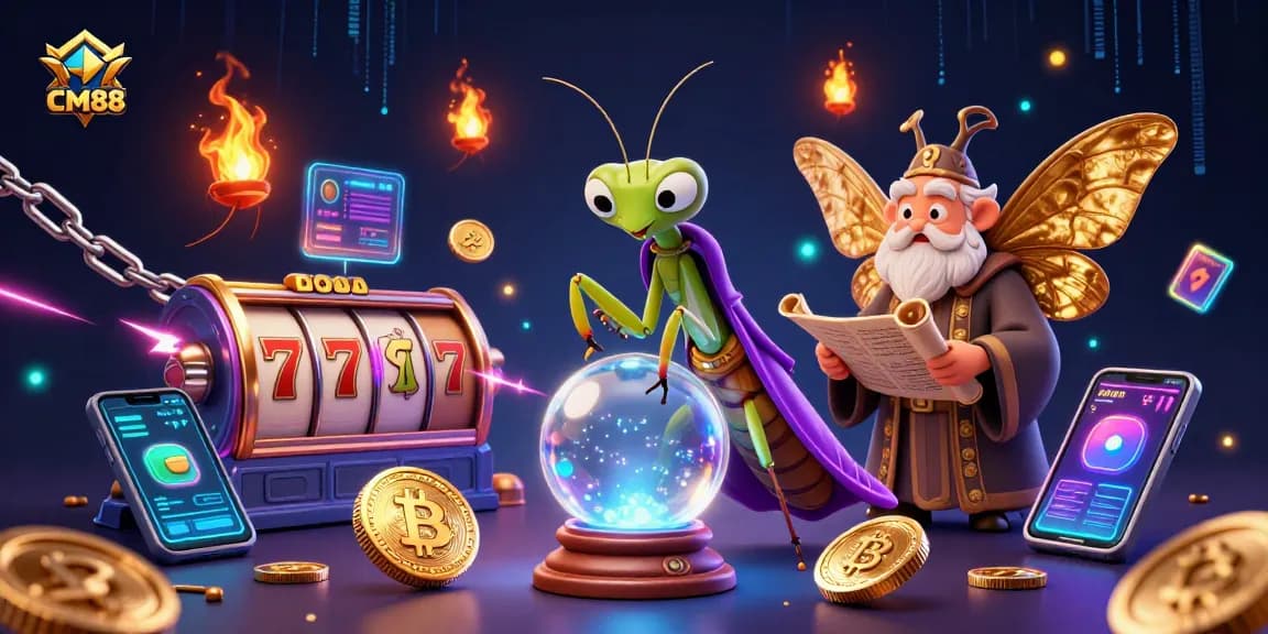 Experience CM88's thrilling casino atmosphere with a mystical fortune teller and vibrant gaming elements.