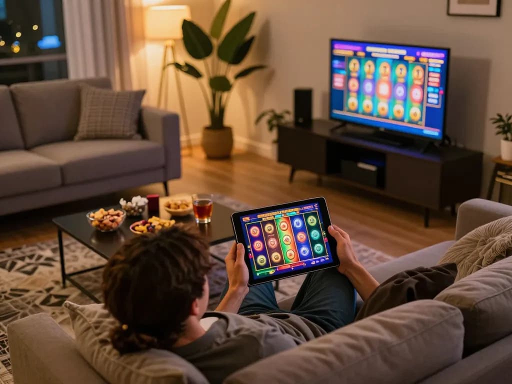 Pemain yang terlibat menikmati permainan slot di tablet dalam pengaturan permainan di rumah yang nyaman