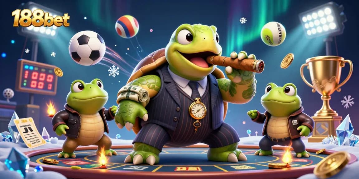 Engage with 188bet's dynamic casino scene featuring a turtle mobster and bullfrog enforcers.