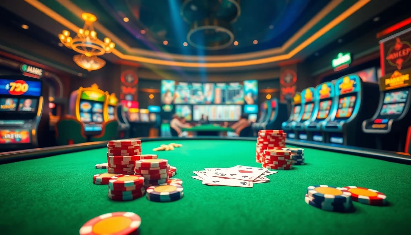 Experience the thrill of MM88 with an immersive online casino scene featuring tables and games.