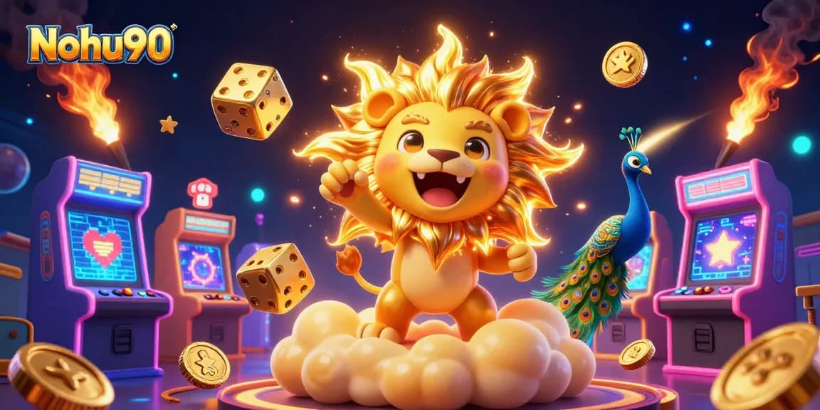 Nohu90 ignites excitement with vibrant casino elements and a roaring sun lion illustration.