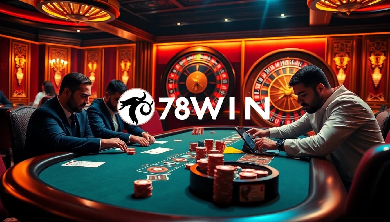 Experience thrilling gambling excitement at 78WIN's luxurious online casino with poker tables and roulette wheels.
