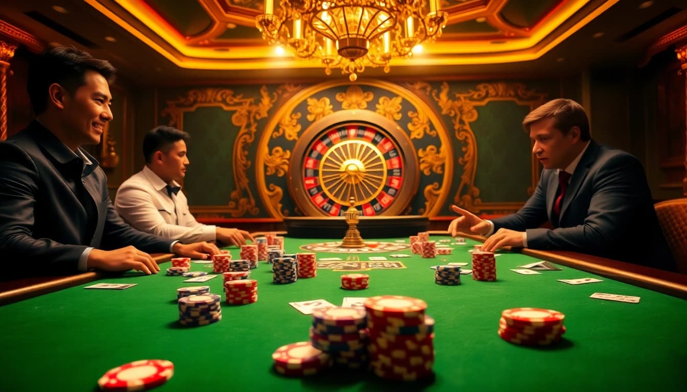 Pemain yang terlibat di meja poker Datukwin dikelilingi chip warna-warni dan kartu yang elegan.