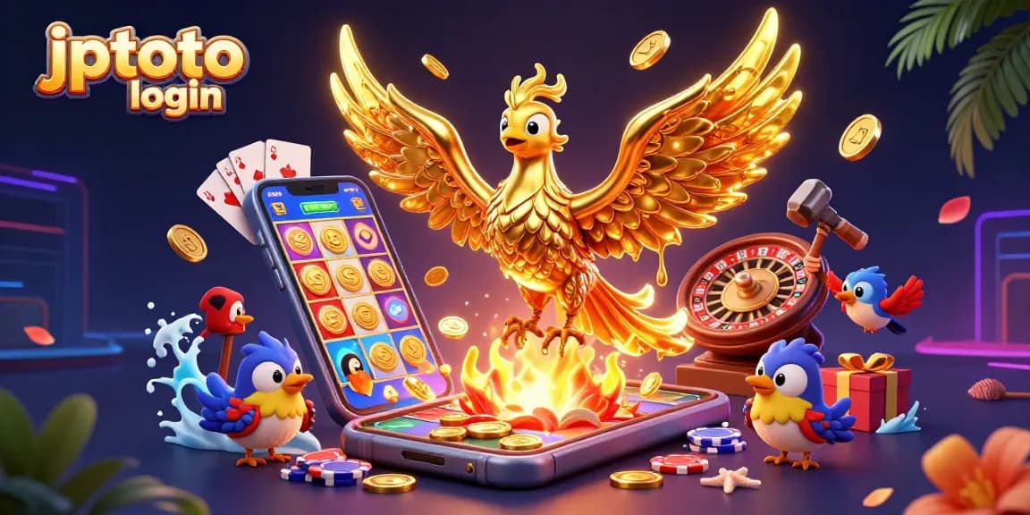 Engage with exciting jptoto login gameplay as a molten golden phoenix emerges amidst vibrant casino elements.