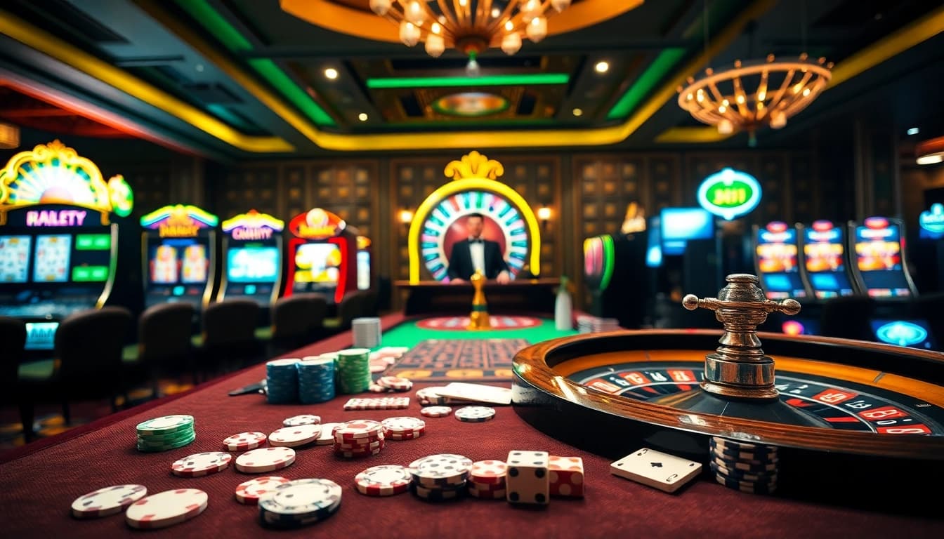 Engaging scene at nhà cái luck8 casino with poker, roulette, and slot machines.