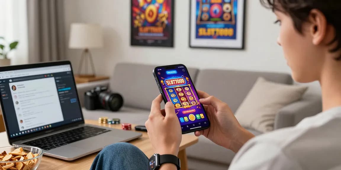 Engaged user enjoying SLOT7000 app on smartphone in a vibrant gaming environment.