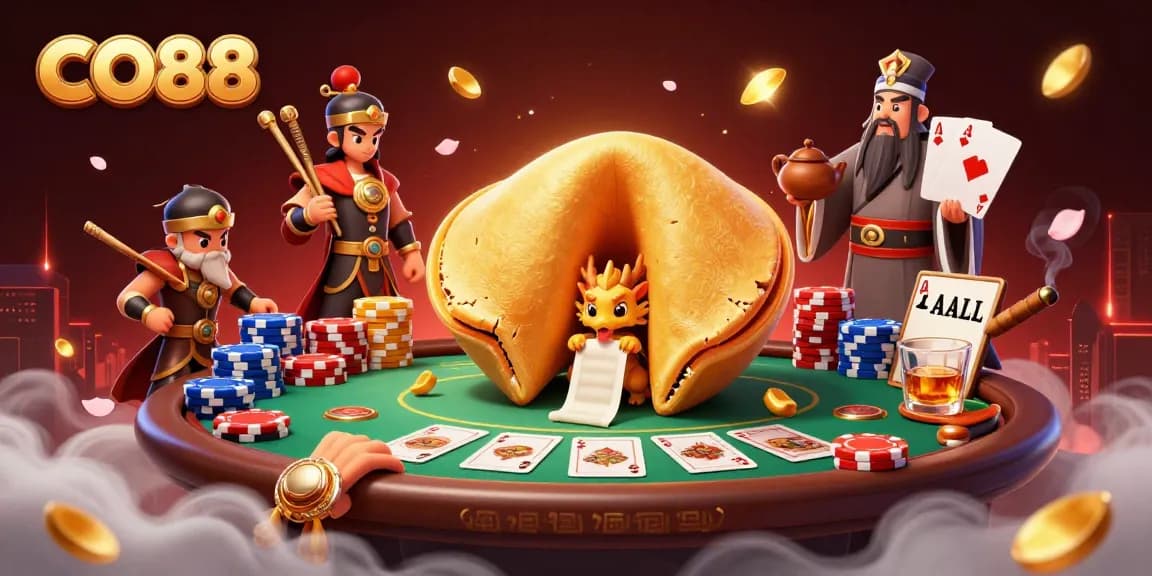 Engage in exciting gameplay at CO88 with a dynamic scene featuring a fortune cookie and poker elements.