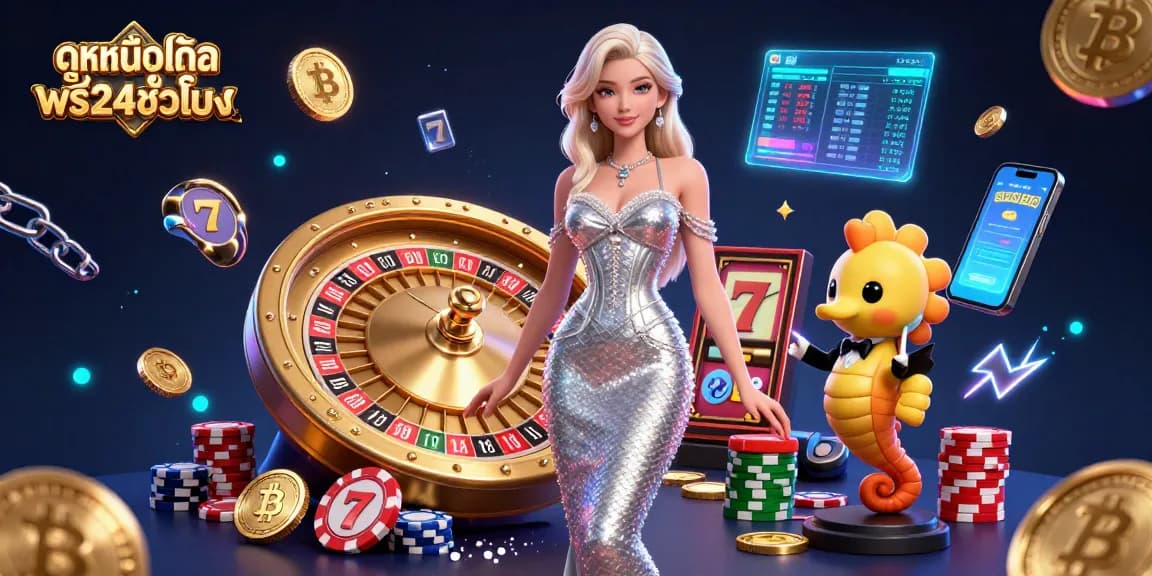 Engage in gambling fun with ดูหนังออนไลน์ฟรี24ชั่วโมง, starring a glamorous woman beside a dazzling roulette wheel and crypto coins.