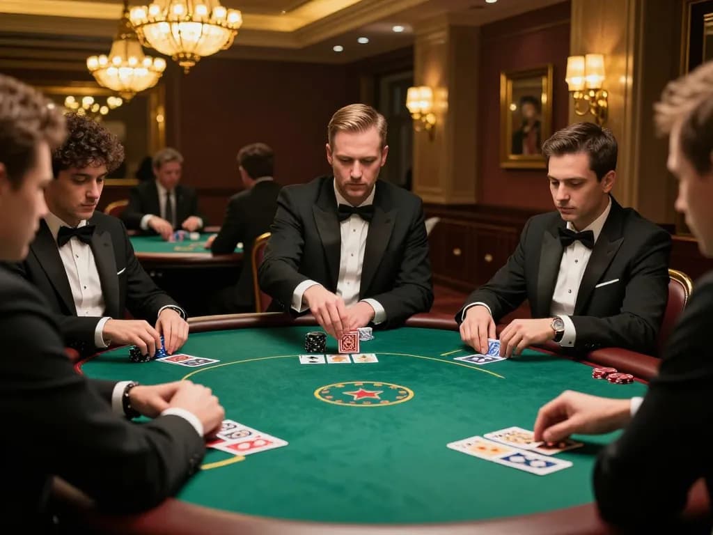 Go8 players strategizing during a high-stakes poker game in an upscale casino setting
