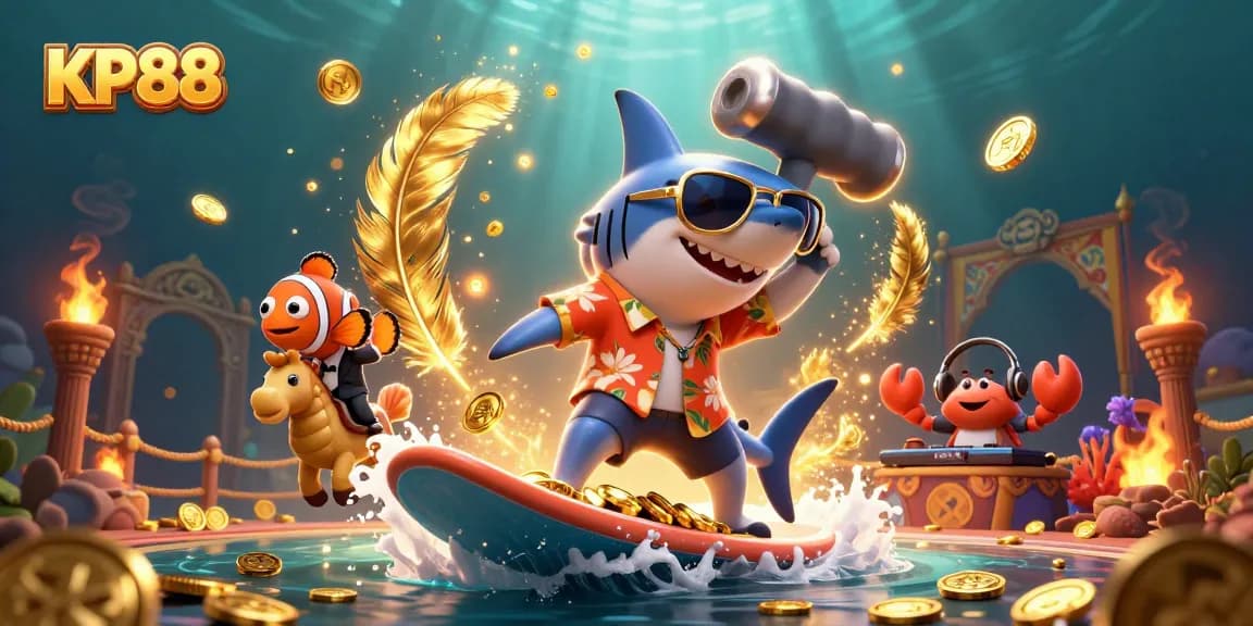 Experience the excitement of KP88 with a lively underwater casino scene featuring a hammer-head shark, clownfish, and crab DJ.