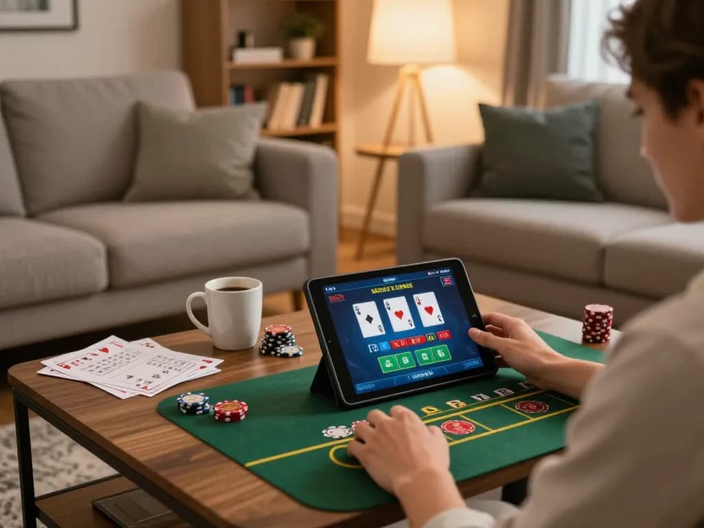 Engaged user playing online poker at home on 789club with warm lighting and betting notes.
