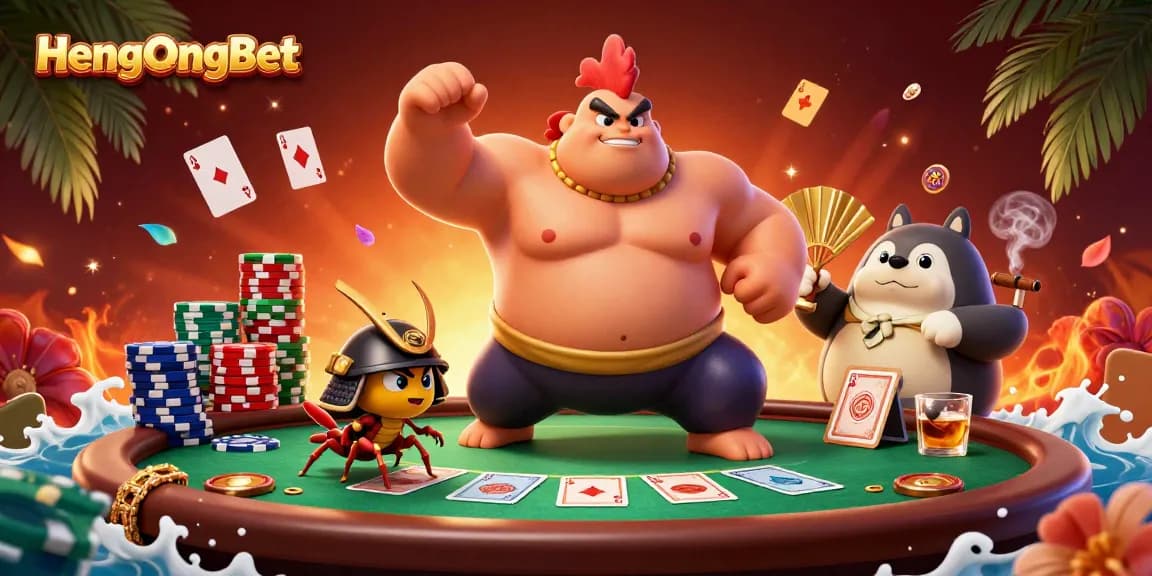 HengOngBet showcases an exciting poker scene with dynamic characters and vibrant casino elements for gamers.