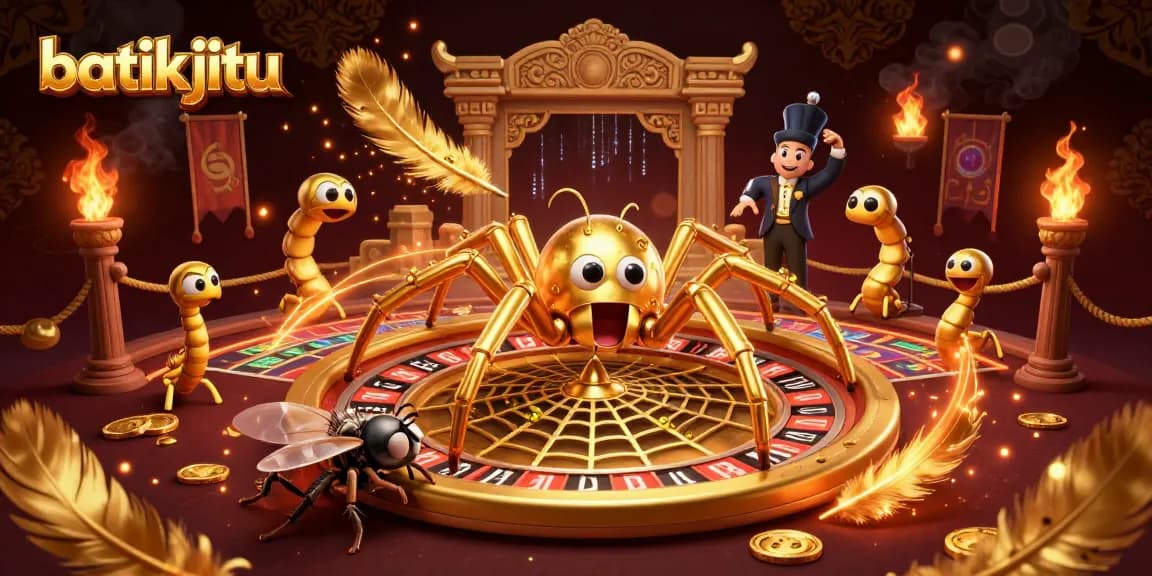 Batikjitu menghadirkan suasana taruhan dalam ilustrasi 3D dengan laba-laba emas dan croupier sentipede.