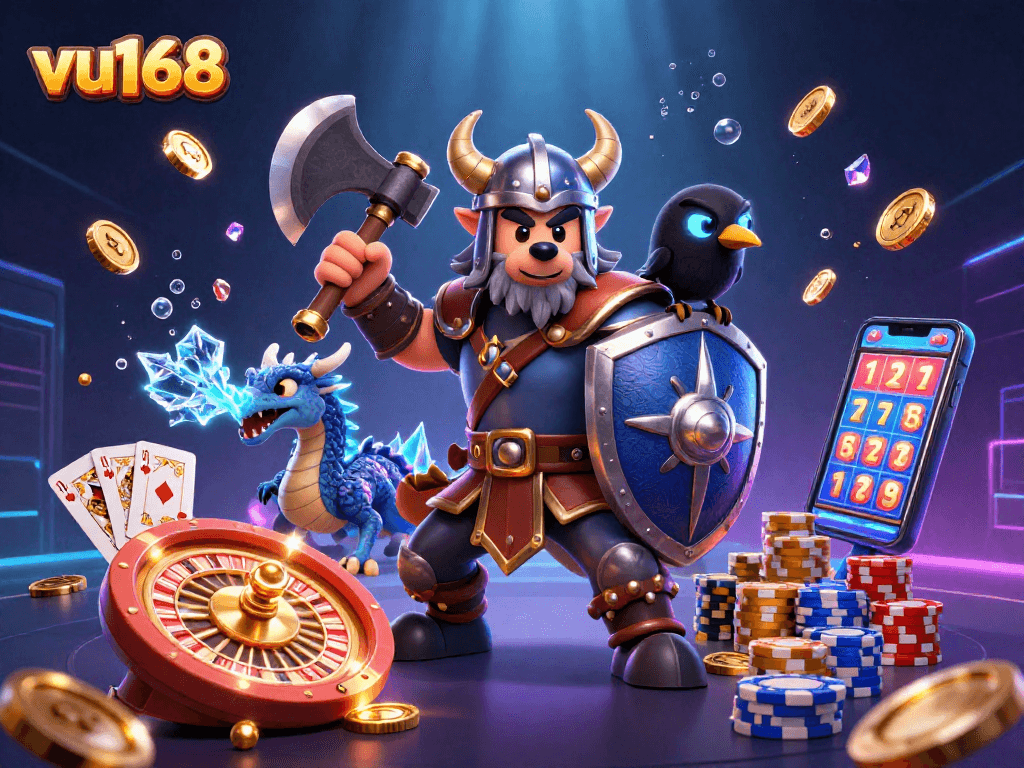 Experience thrilling gaming with vu168's Viking warrior, fierce dragon, and vibrant casino elements.