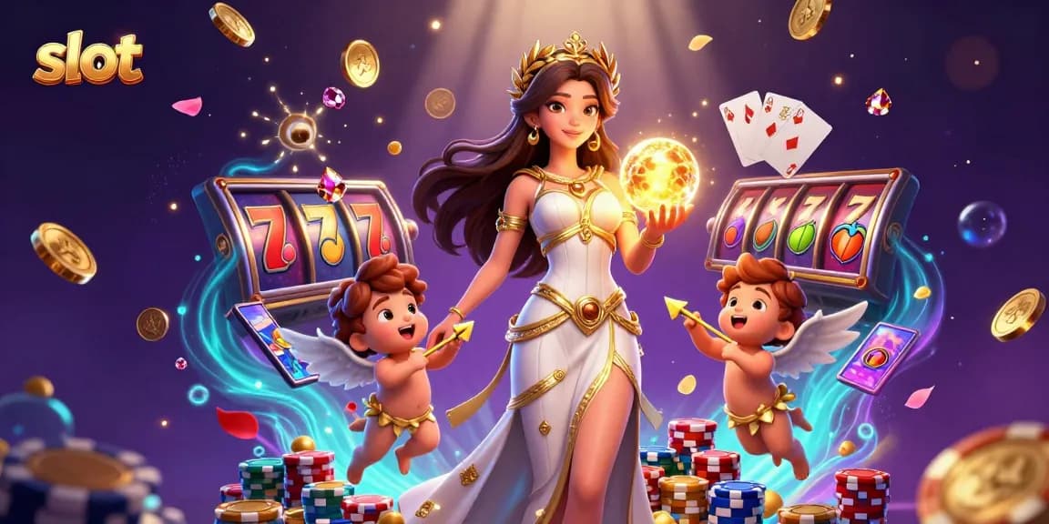 Spin thrilling slot machines with a glamorous goddess and cherubs amidst cascading coins.