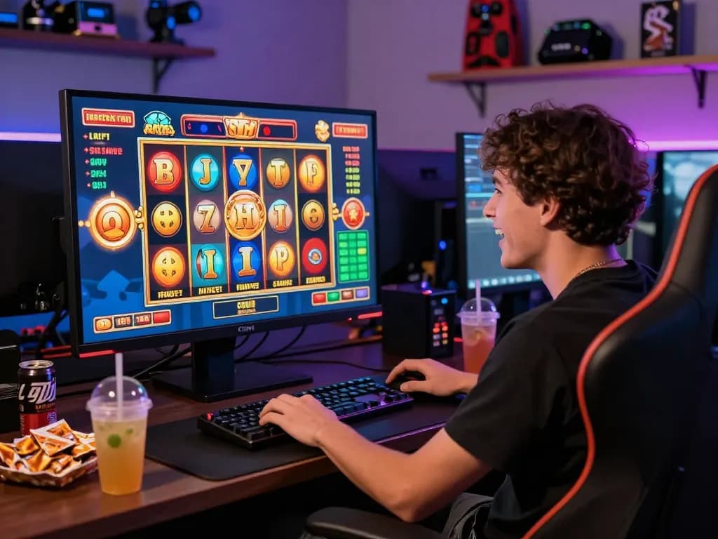 Adegan permainan yang menarik menampilkan seorang pemain menikmati situs slot gacor dengan grafik slot yang cerah dan suasana yang hidup.