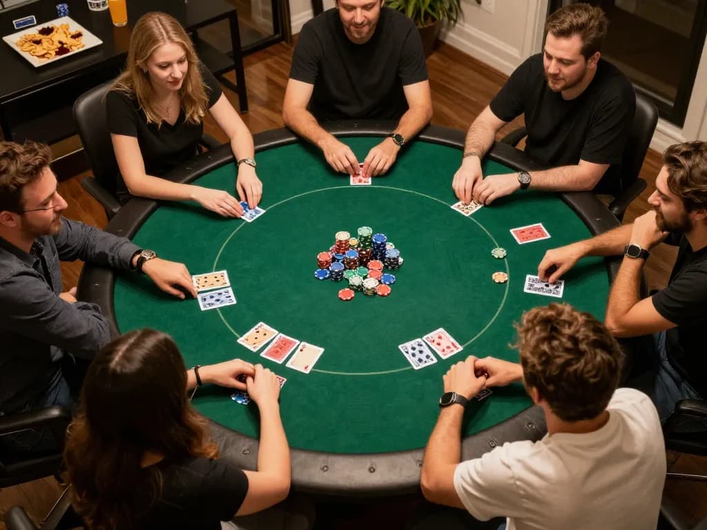 Players strategizing in an engaging home poker game while enjoying the entertainment options available at nk88