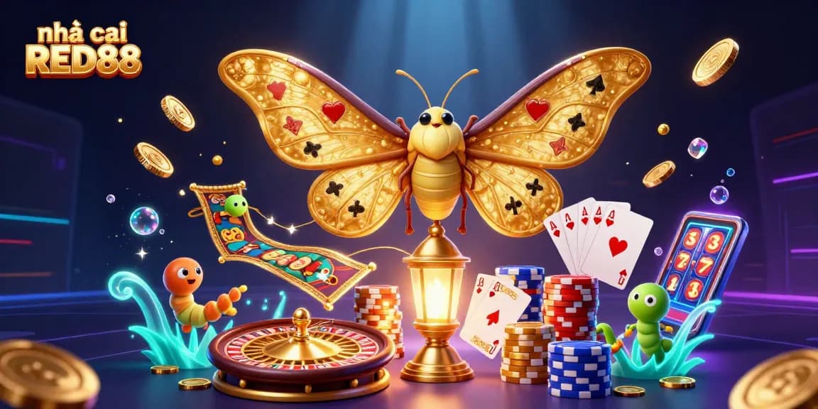 Experience thrill with nhà cái RED88 in this vibrant 3D casino illustration showcasing games and excitement.