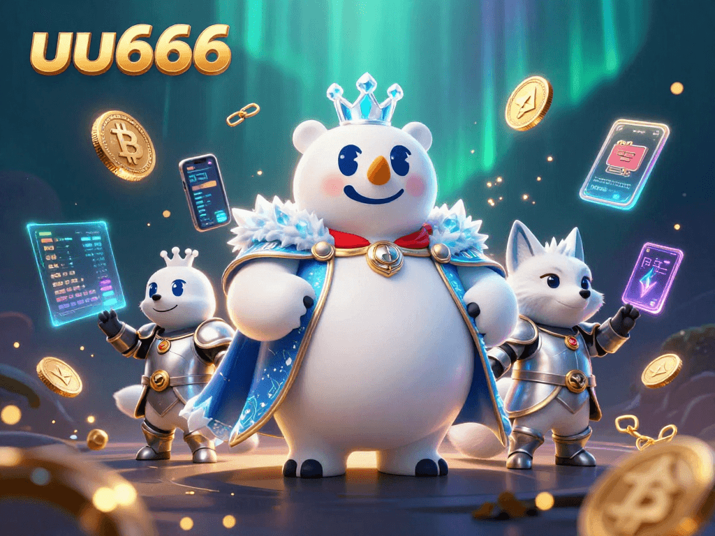 Engage with the thrilling uu666 experience featuring a polar bear and fox in a vibrant casino world filled with crypto elements.