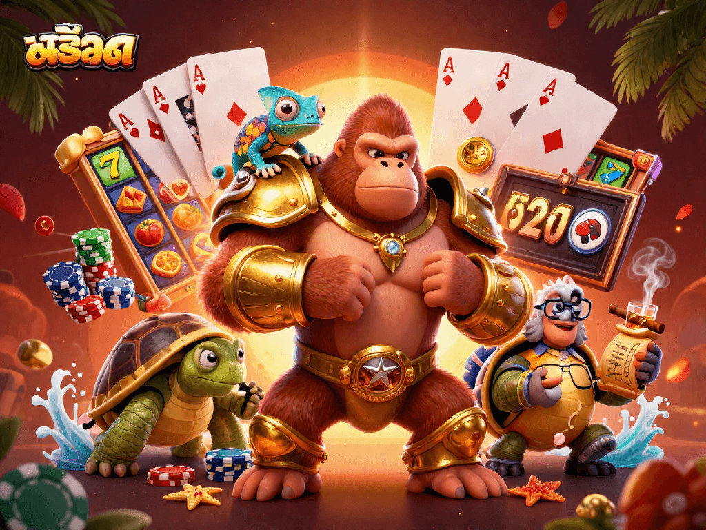 Experience สล็อต excitement with a king gorilla, chameleon, and wise tortoise in a vibrant casino scene.