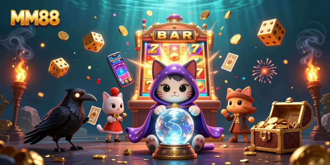 Experience thrilling wins with MM88's vibrant 3D casino illustration featuring mystical characters and slot games.