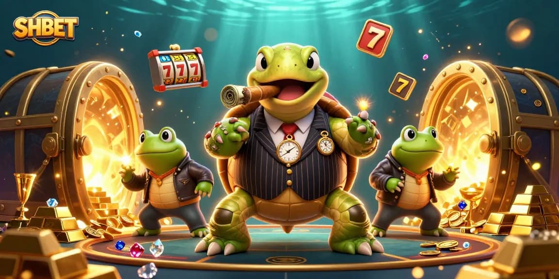 Play thrilling casino games at SHBET with giant treasures and cartoon characters on display.
