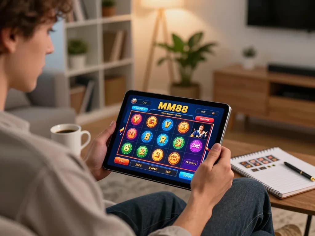 Player engaging with the MM88 casino app on a tablet in a cozy home setting.