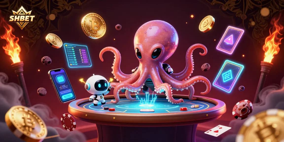 Engage in high-stakes poker at SHBET with an alien octopus and cryptocurrency elements.