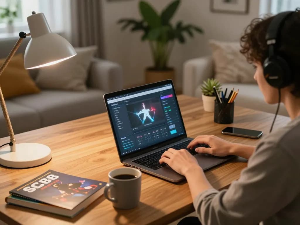 Engaged player enjoying SC88 online gaming on laptop in a cozy home setting.