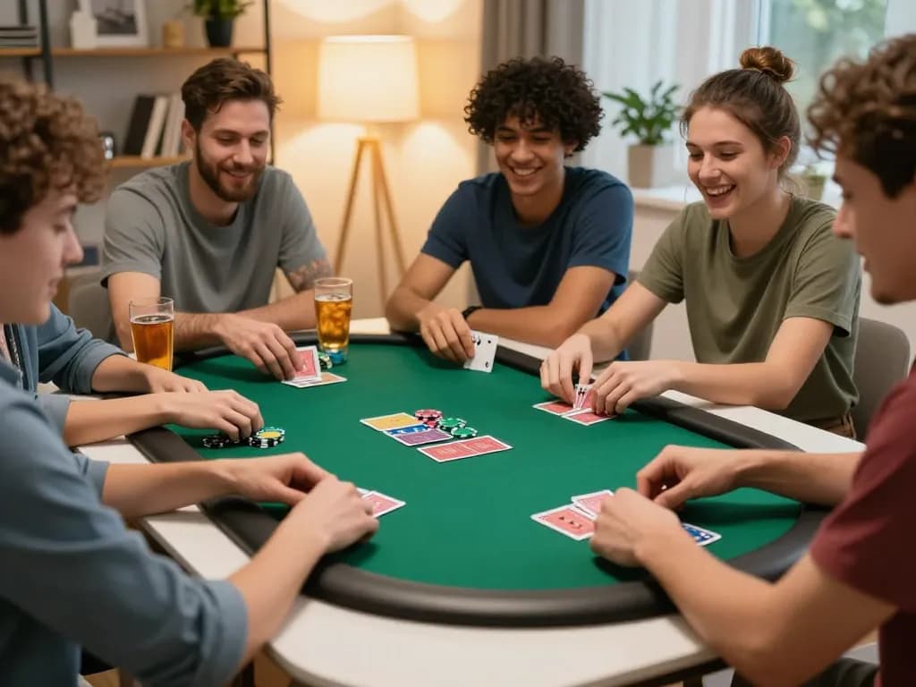 Enjoy a thrilling home poker night with friends, highlighting strategic gameplay in a cozy setting while betting