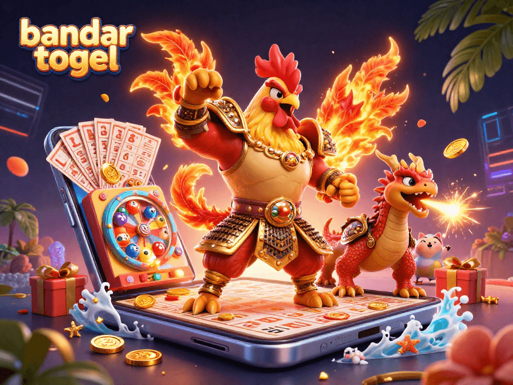 Menghadirkan bandar togel dengan karakter pejuang ayam kartun bersenjata, dan naga berapi, menghidupkan atmosfer taruhan lotere yang seru.
