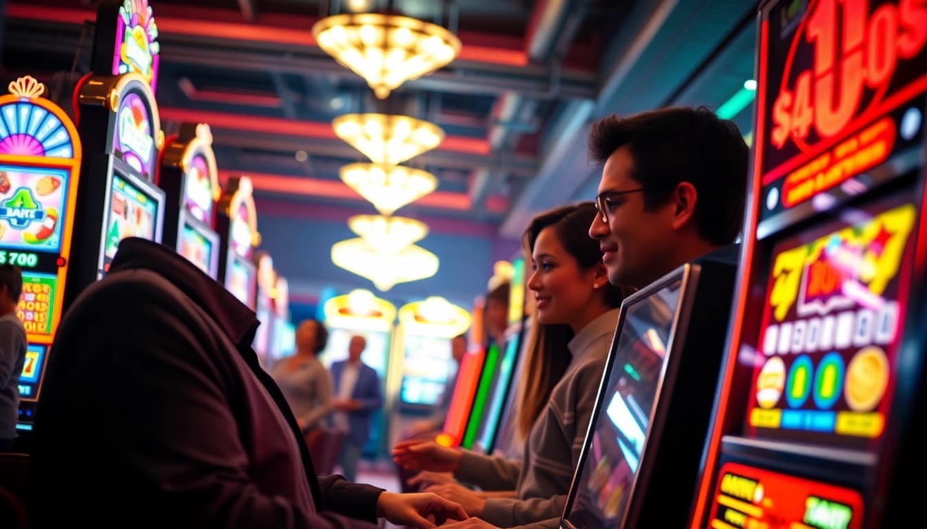 Permainan seru xgslot88 di mesin slot berwarna-warni dan bersinar penuh semangat.