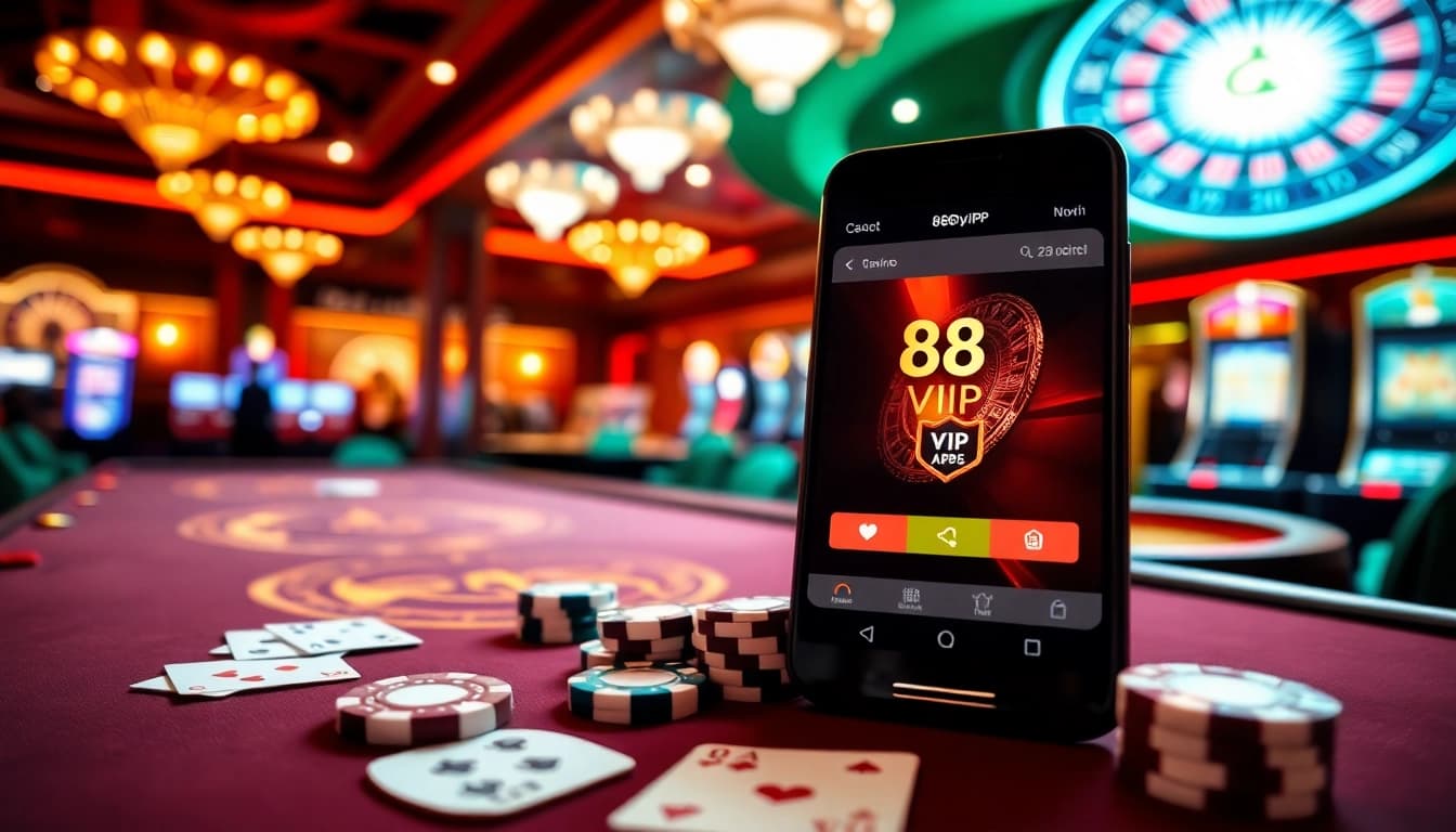 Experience seamless gambling with Tải App Nhà Cái 68VIP on a stylish mobile interface amidst vibrant casino atmosphere.