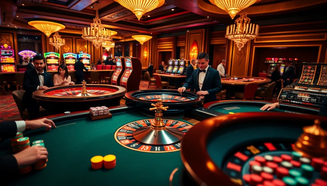 Exciting gameplay at AU88 casino featuring roulette, poker chips, and vibrant slot machines.
