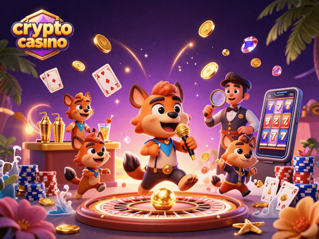 Crypto casino scene with hyenas humorously engaging around gaming activities, dynamic energy and fun.