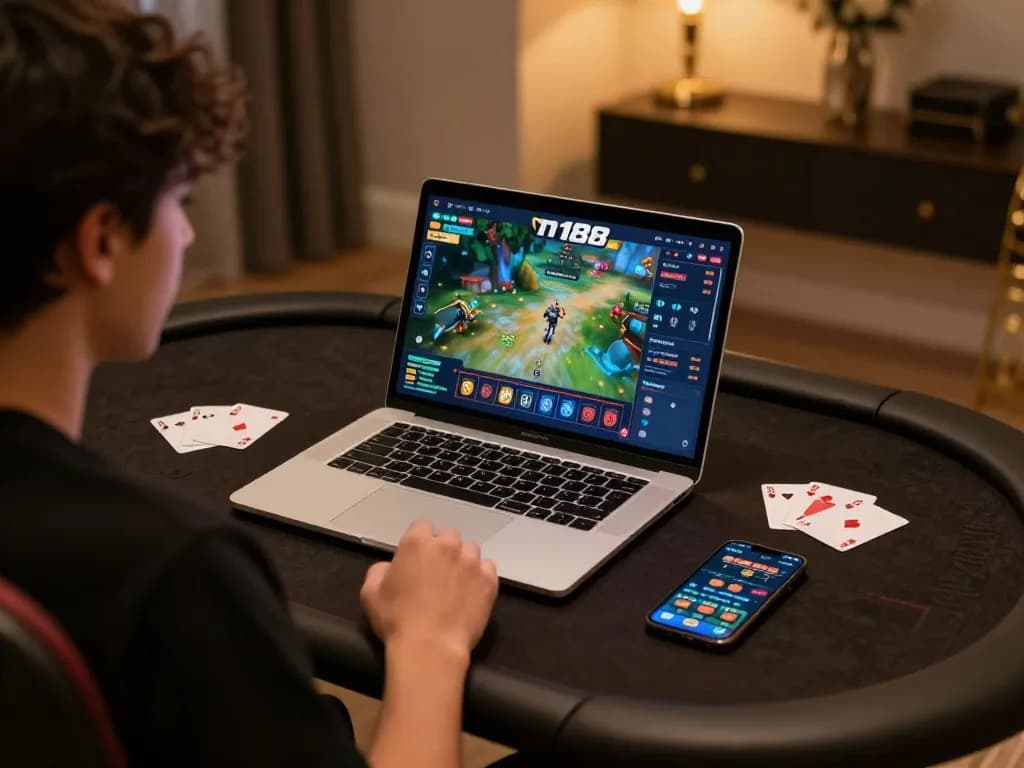 The n188 game interface displayed on a laptop at a stylish gaming setup, emphasizing focus and strategy.