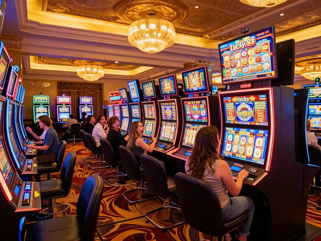 Players enjoying the Lucky 88 slot games, surrounded by colorful lights and excitement in a vibrant casino atmosphere