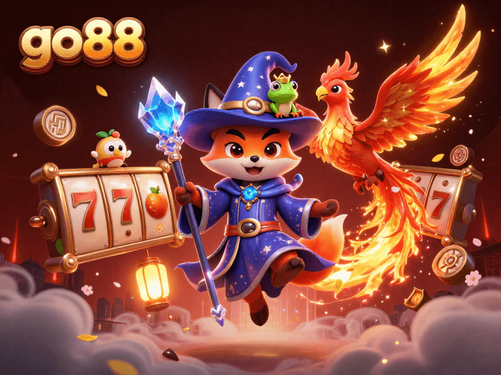 Experience go88's captivating slot adventure with a wizard fox and phoenix in vibrant 3D.