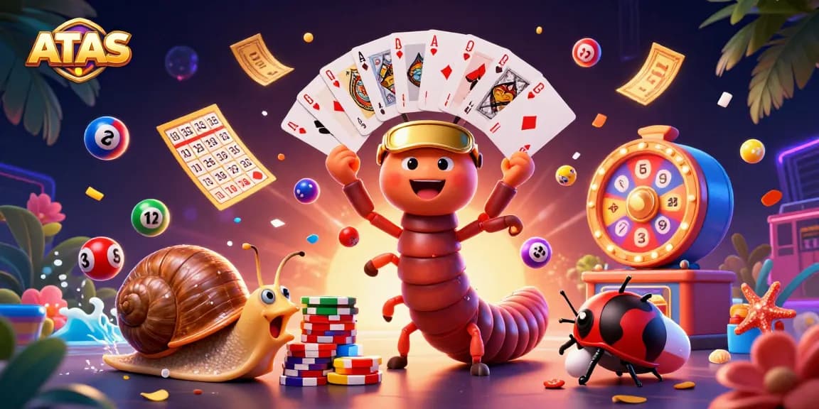 Engage with the vibrant ATAS casino experience, featuring a dynamic scene of a millipede dealer and high-roller players amidst colorful lottery elements.